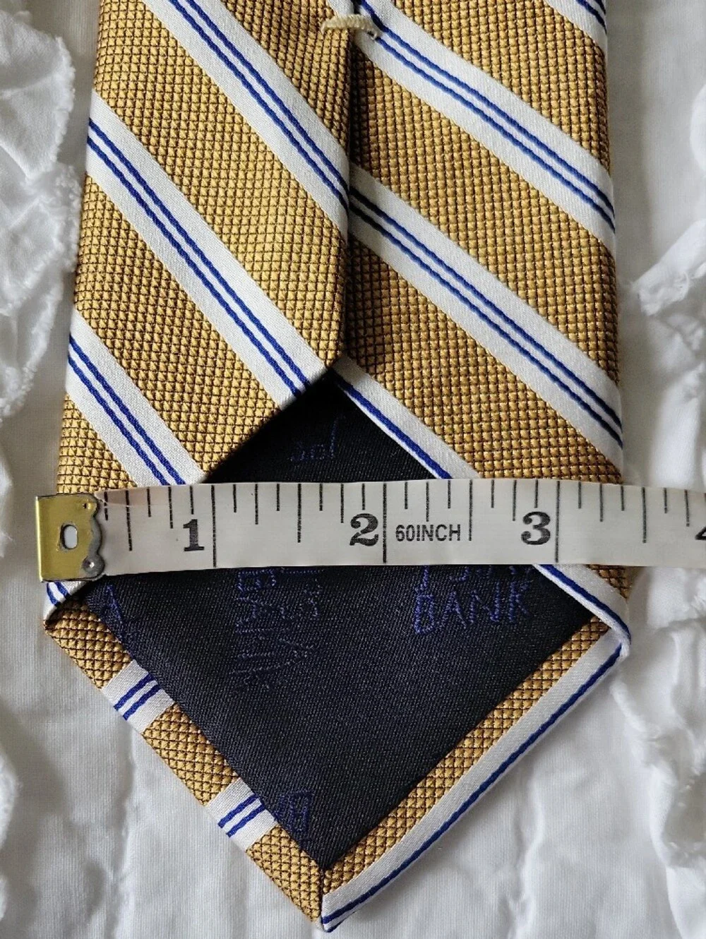 Jos.A.Banks 100% Silk Striped Tie Mustard Gold Blue White Every Season Excellent